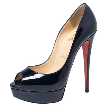 Pre Owned Christian Louboutin Navy Blue Patent Leather 'Altadama' Platform Peep Toe Pumps Size 38