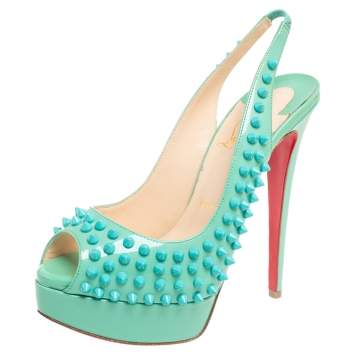 Pre Owned Christian Louboutin Turquoise Patent Leather Lady Peep Spike Platform Slingback Sandals Size 37