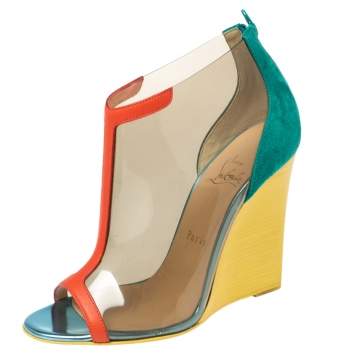 Pre Owned Christian Louboutin Multicolor PVC, Suede and Leather Trim Peep-Toe Wedge Booties Size 37