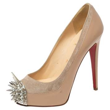 Pre Owned Christian Louboutin Beige Patent Leather and Suede Asteroid Spike Toe Pumps Size 37