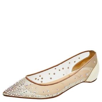 Pre Owned Christian Louboutin Beige Mesh, Leather, And Iridescent Patent Leather Follies Strass Ballet Flats Size 35