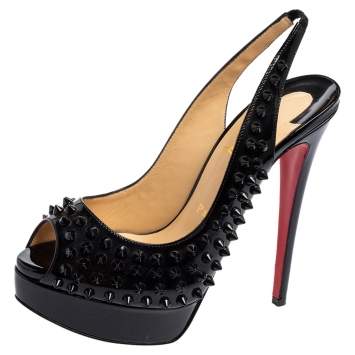 Pre Owned Christian Louboutin Black Patent Leather Spikes Slingback Sandals Size 37
