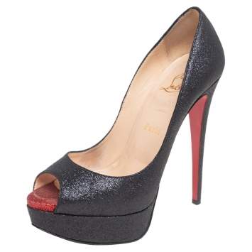 Pre Owned Christian Louboutin Black Shimmer Fabric New Very Prive Peep-Toe Platform Pumps Size 37.5