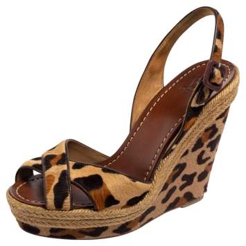 Pre Owned Christian Louboutin Beige/Black Leopard Print Calf Hair Peep-toe Platform Wedge Sandals Size 40