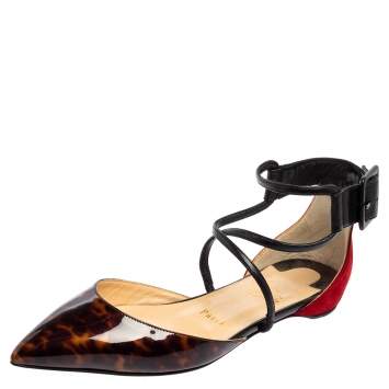 Pre Owned Christian Louboutin Multicolor Tortoise Patent Leather and Suede Ankle-Strap Flat Sandals Size 36