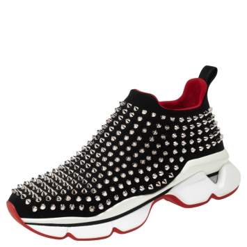 Pre Owned Christian Louboutin Black Neoprene Spike Sock Slip-On Platform Sneakers Size 38