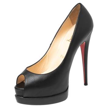Pre Owned Christian Louboutin Black Leather Altadama Peep-Toe Platform Pumps Size 38.5