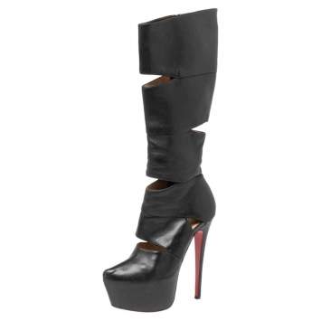 Pre Owned Christian Louboutin Black Leather Knee Length Boots Size 37