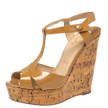 Pre Owned Christian Louboutin Dijon Yellow Patent Leather Marina Cork Wedge Platform Sandals Size 36