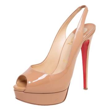 Pre Owned Christian Louboutin Nude Beige Patent Leather Lady Peep Toe Platform Slingback Sandals Size 38.5