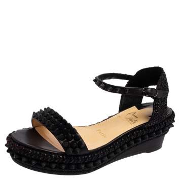 Pre Owned Christian Louboutin Black Leather Madmonica 60 Spiked Espadrille Sandals Size 36