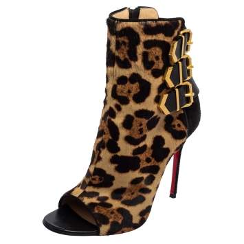 Pre Owned Christian Louboutin Black/Beige Suede and Leopard Print Pony Hair Peep-Toe Ankle Boots Size 37.5