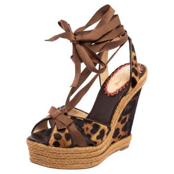 Pre Owned Christian Louboutin Brown Leopard Print Calf Hair, Fabric and Leather Trim Isabelle Espadrille Wedge Sandals Size 38