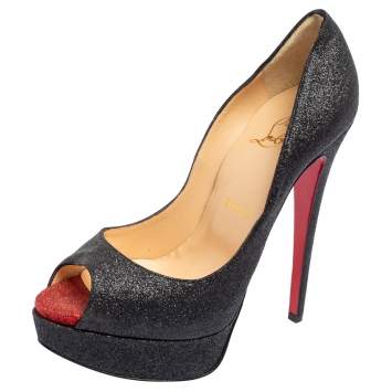 Pre Owned Christian Louboutin Black Glitter Fabric Lady Peep Platform Pumps Size 37