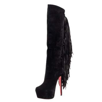 Pre Owned Christian Louboutin Black Suede Interlopa Fringe Detail Knee Length Platform Boots Size 37