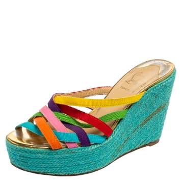 Pre Owned Christian Louboutin Multicolor Fabric Crepon Espadrille Wedge Sandals Size 37