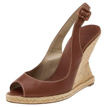Pre Owned Christian Louboutin Brown Leather You Love Slingback Espadrille Wedge Sandals Size 38