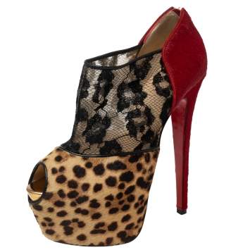 Christian Louboutin Leopard Print/Red Pony Hair and Black Lace Aeronotoc Booties Size 37.5