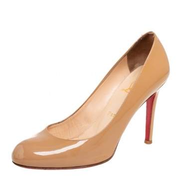 Pre Owned Christian Louboutin Beige Patent Leather Simple Pumps Size 37.5