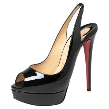 Pre Owned Christian Louboutin Black Patent Leather Lady Peep-Toe Slingback Platform Sandals Size 37.5