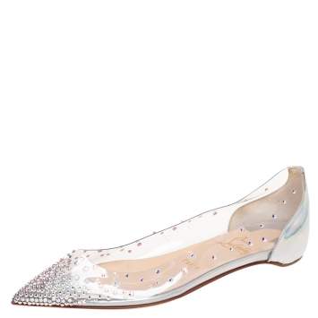 Pre Owned Christian Louboutin Silver Iridescent Leather and PVC Degrastrass Pointed-Toe Ballet Flats Size 37