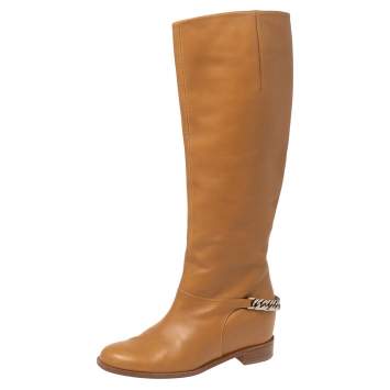 Pre Owned Christian Louboutin Tan Leather Cate Chain-Trimmed Calf Boots Size 37.5