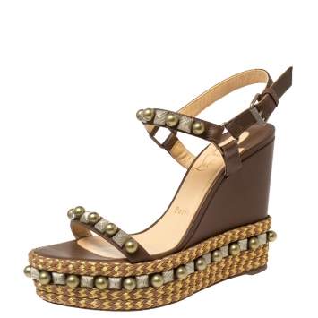 Pre Owned Christian Louboutin Brown Studded Leather Cataclou Espadrille Wedge Sandals Size 38 