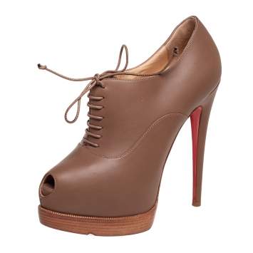 Pre Owned Christian Louboutin Light Brown Leather Miss Poppins Lace-Up Peep-Toe Platform Booties Size 36