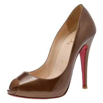 Pre Owned Christian Louboutin Olive Patent Leather Flo Peep Toe Pumps Size 37