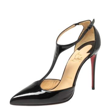 Pre Owned Christian Louboutin Black Patent Leather J String T-Strap Pumps Size 38.5
