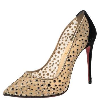 Pre Owned Christian Louboutin Beige/Black Mesh and Suede Follies Lace Pumps 38