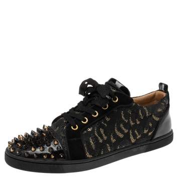 Pre Owned Christian Louboutin Black Lurex Fabric And Paten Leather Spiked Orlato Low Top Sneakers 40
