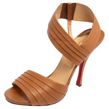 Pre Owned Christian Louboutin Beige Pleated Leather Ankle-Strap Sandals Size 41.5