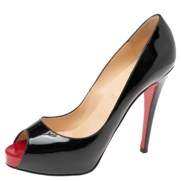 Pre Owned Christian Louboutin Black Patent Leather Very Prive Peep-Toe Pumps Size 40.5