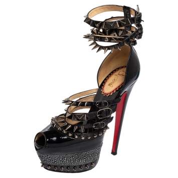 Pre Owned Christian Louboutin Black Patent Leather 20th Anniversary Isolde Spiked Platform Sandals Size 37.5