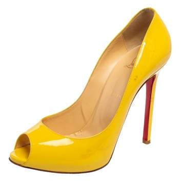 Pre Owned Christian Louboutin Yellow Patent Leather Flo Peep Toe Pumps Size 40.5