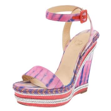 Christian Louboutin Multicolor Fabric New Duplice Ankle Strap Wedges Platform Sandals Size 39