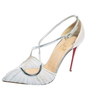 Pre Owned Christian Louboutin White/Silver Lace And Satin Twistissima Pointed Toe Ankle Strap Sandals Size 38.5