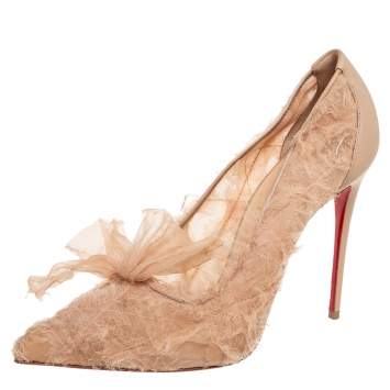 Pre Owned Christian Louboutin Beige Lace Fabric Delicatissima Pointed-Toe Pumps Size 39