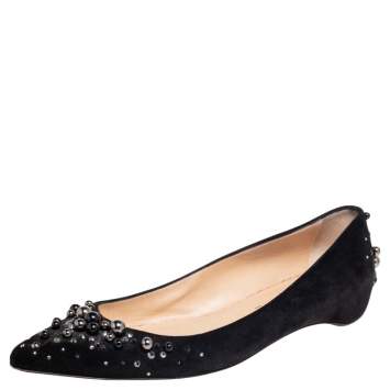 مملوكة مسبقًا Christian Louboutin Black Crystal Beaded Embellished Suede Ballet Flats Size 39