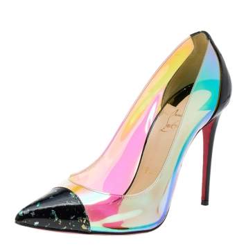 Pre Owned Christian Louboutin Black Patent Leather And Iridescent PVC Debout Pointed Toe Pumps Size 38.5