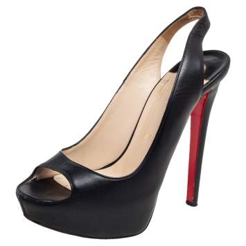 Pre Owned Christian Louboutin Black Leather No Prive Slingback Platform Sandals Size 35.5