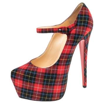 Pre Owned Christian Louboutin Multicolor Tartan Print Wool Blend Lady Daf Pumps Size 37.5