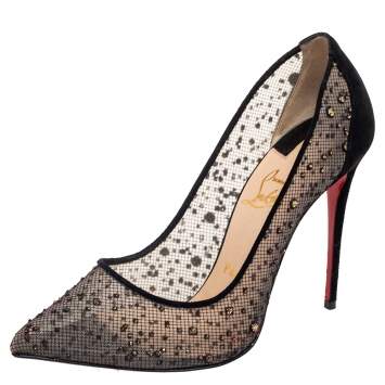 Pre Owned Christian Louboutin Black Glitter Mesh and Suede Follies Pumps Size 38.5