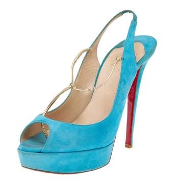Christian Louboutin Blue Suede Alta Spritney Platform Slingback Sandals Size 40
