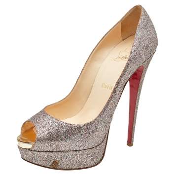 Pre Owned Christian Louboutin Metallic Multicolor Glitter Lady Peep Toe Platform Pumps Size 38.5