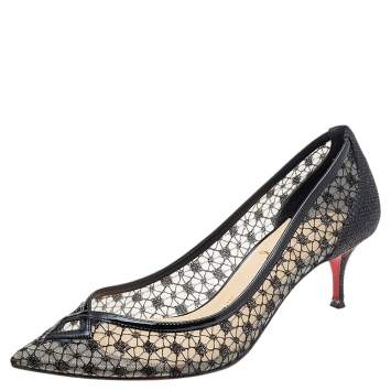Pre Owned Christian Louboutin Black Patent Leather And Mesh Pointed Toe Kitten Heels Pumps Size 37.5