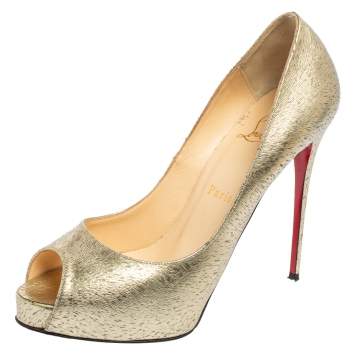 Pre Owned Christian Louboutin Gold Leather Very Prive Peep Toe Platform Pumps Size 38.5