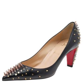 Pre Owned Christian Louboutin Black Leather Spike Dinosa Pumps Size 41