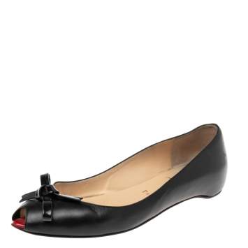 مملوكة مسبقًا Christian Louboutin Black Leather Bow Peep-Toe Ballet Flats Size 37.5 